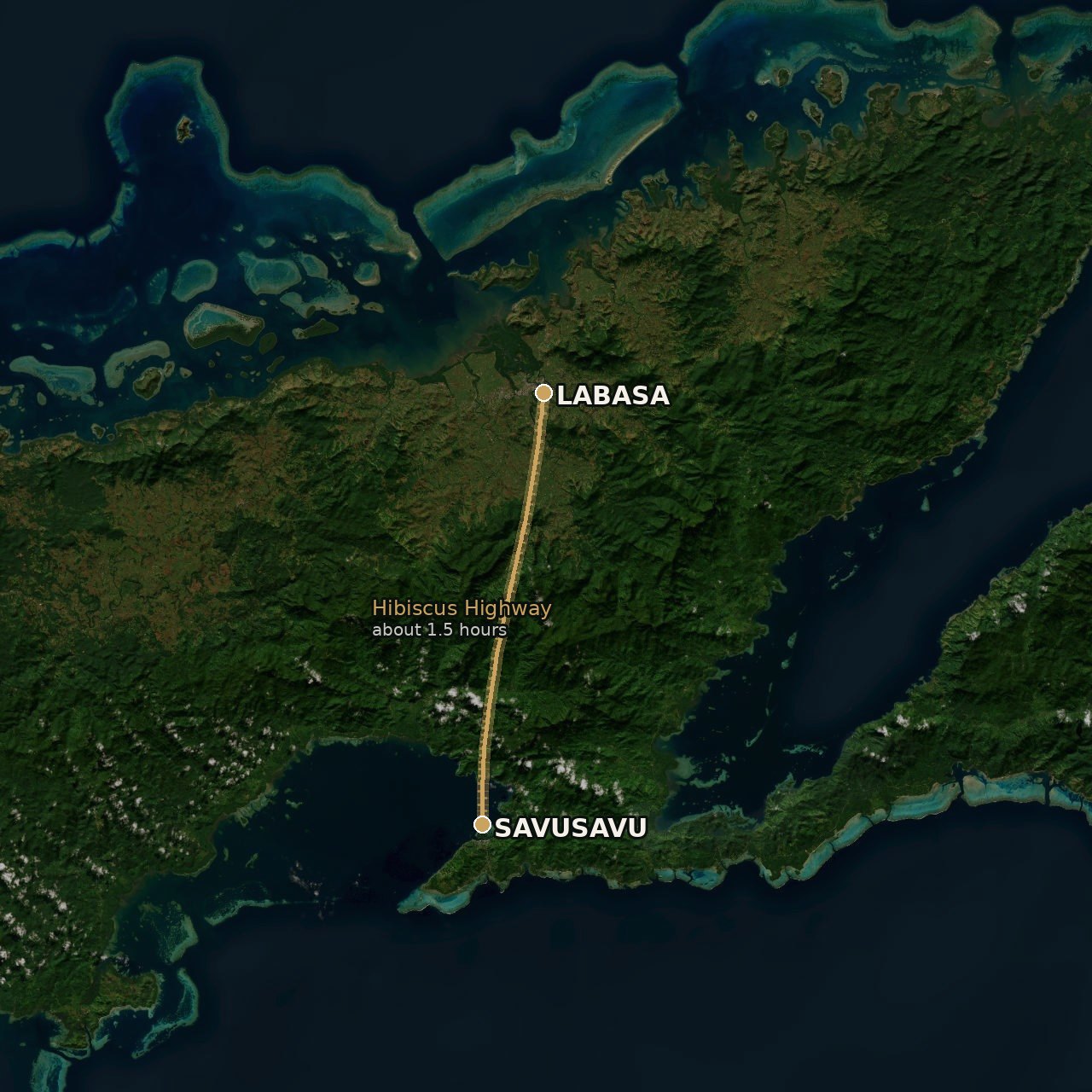 Map of the Hibiscus Highway route from Labasa to Savusavu across Vanua Levu